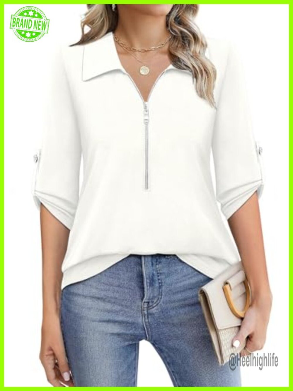 Womens 3/4 Sleeve Zipper Blouse Collared Tunic Work Business Casual
